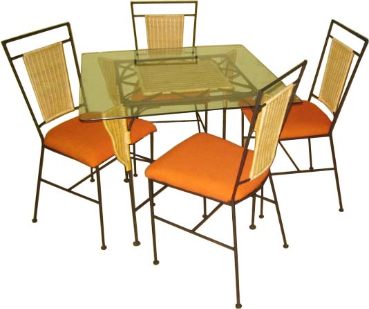 Square glass table and four chairs made of metal frame and cane backrest, with comfortable seat